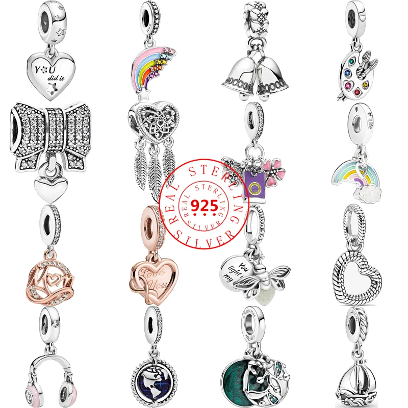

New 925 Silver Colorful Rainbow Palette Mom Headset Feather Sailing Dangle Charm Beads Fit Original Pandora Bracelet DIY Jewelry