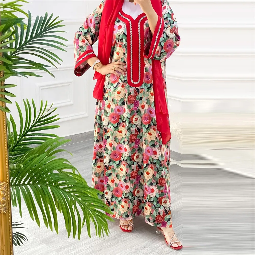 

Floral Print Abayas Women Hijab Long Maxi Dress Turkey Dubai Kaftan Arab Robe Islamic Morocco Party Jalabiya Caftan Eid Ramadan