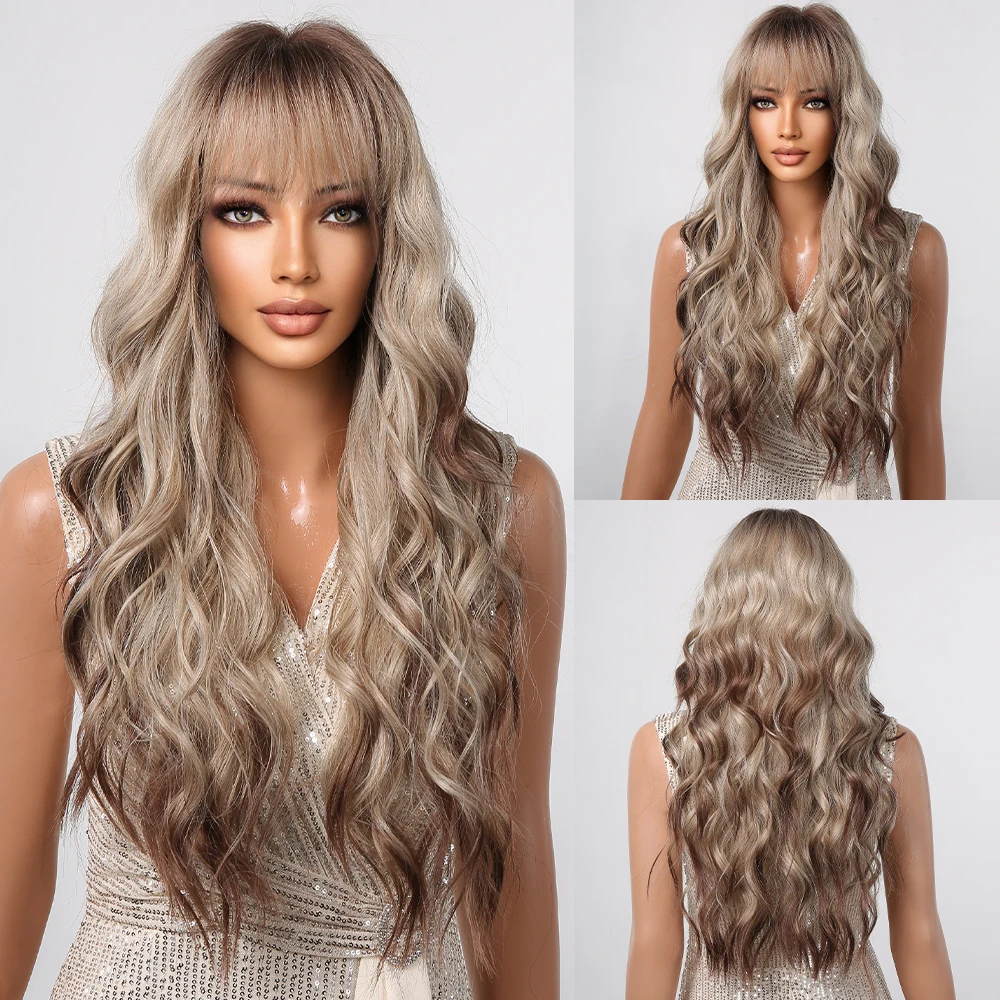 

Ombre Blonde Long Curly Synthetic Wig with Bangs Daily Brown Highlight Wig for Women Deep Wavy Hair Cosplay Party Heat Resistant