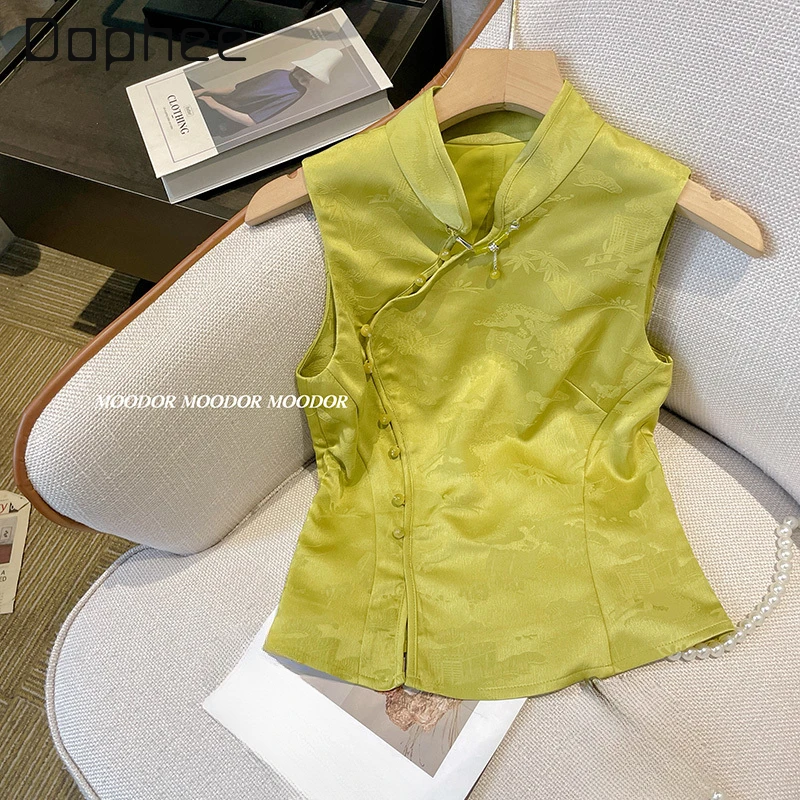 

Vintage Chinese Style Printed Shirt Female 2024 Summer New Office Elegant Green Stand Collar Buttoned Sleeveless Blouse Women