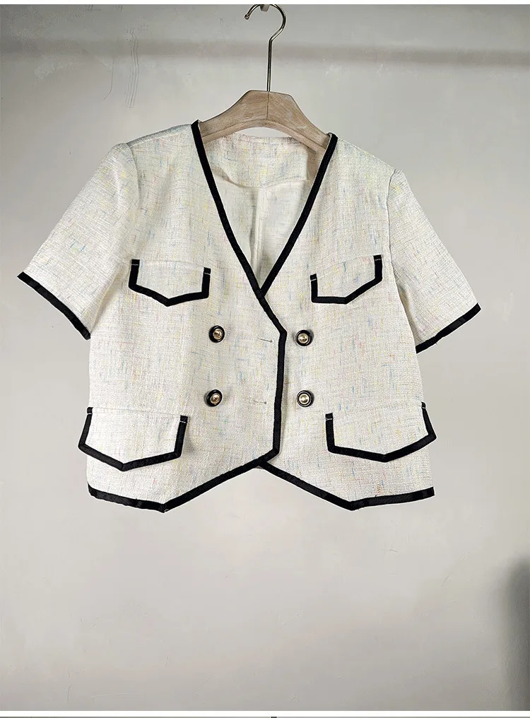 DALMAZZO Summer Designer French Vintage Tweed Pocket Short Jacket Coat Women V Neck Double Breasted Thin Outerwear Tops Female
DALMAZZO Summer Designer French Vintage Tweed Pocket Short Jacket Coat Women V Neck Double Breasted Thin Outerwear Tops Female