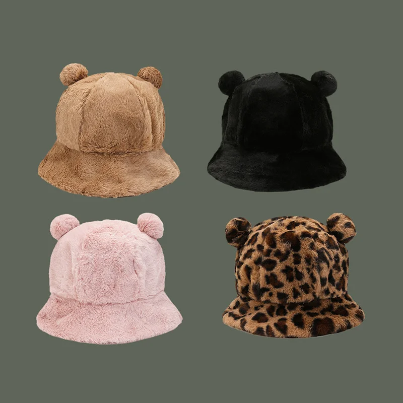 

Hat girl winter cute soft girl fur ball leopard print Plush fisherman's hat Korean warm versatile student ear basin hat