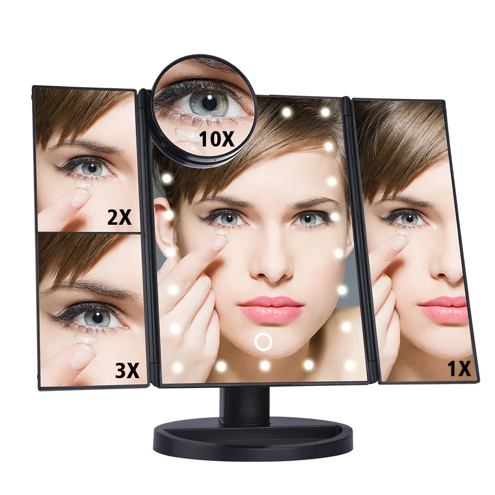 

22 Light Makeup Mirror LED Touch Screen Table Desktop Makeup 1X/2X/3X/10X Magnifying Mirrors Vanity 3 Folding Adjustable Mirror