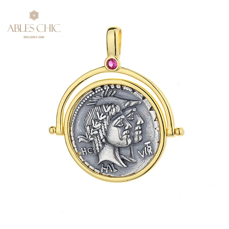 

Roman God of Valor and Honor Silver Coins Charm 18K Gold Two Tone Solid 925 Silver Roman Coin Pendant Only N1079