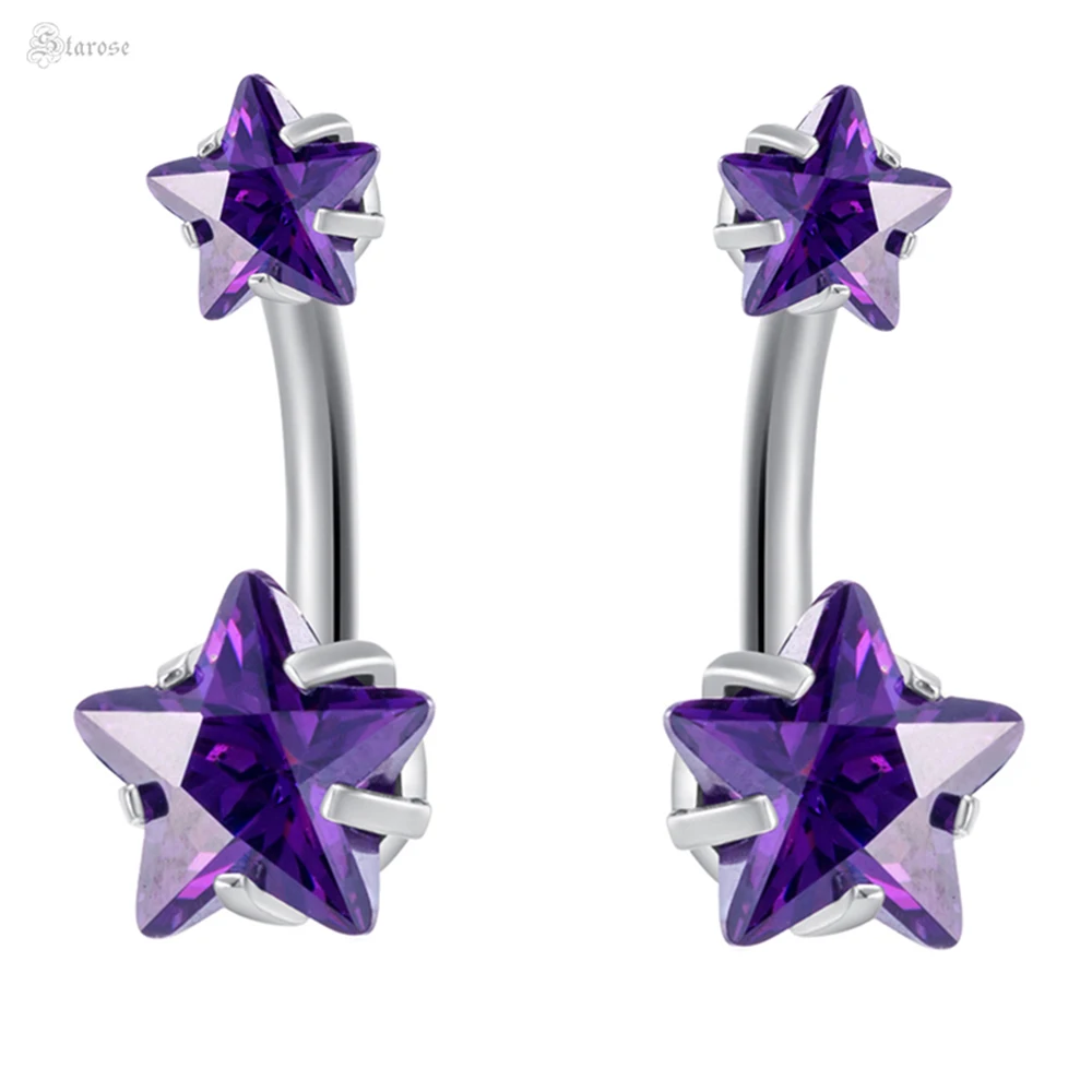 

1Pc 1.6x10mm 14G Belly Bar White Purple Zircon Star Navel Piercing Jewelry Surgical Steel Belly Piercing Belly Button Rings Gift