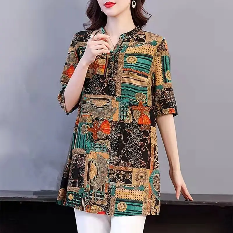 

Pullovers New Women's Summer Printed V-Neck Spliced Versatile Fashion Loose Appear Thin Short Sleeve Commuter Chiffon Tops