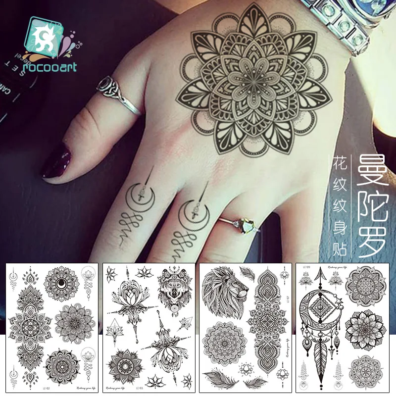 

Black Tattoo Retro Handback Pattern Datura Flower Collar Temporary Tattoos Sticker Size:210*150mm