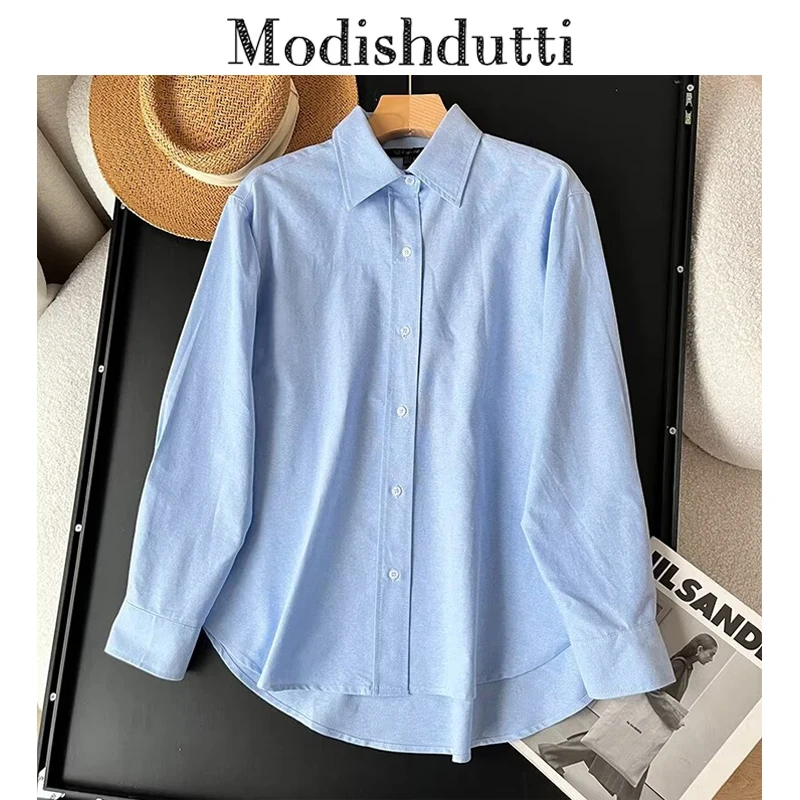 

Modishdutti High Quality Women Fashion Loose Single-Breasted Oxford Shirt Female Solid Causal Long Sleeve Commuting Blouse Tops