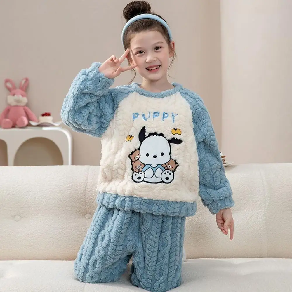 

Sanrio Cinnamoroll Kuromi Pochacco Girls Pajamas Children's Thickened Coral Velvet Pajama Pants Set Autumn Winter Warm Homewear