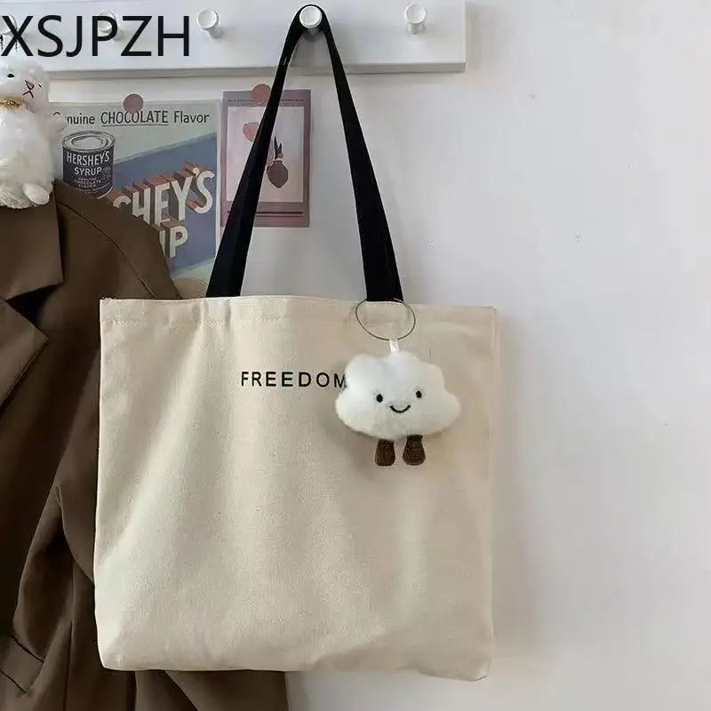 

Xsjpzh 2023 Alphabet Canvas Bag Women Shoulder Simple Korean Version Literature Tote Bag Large Capacity Student Class Tuition