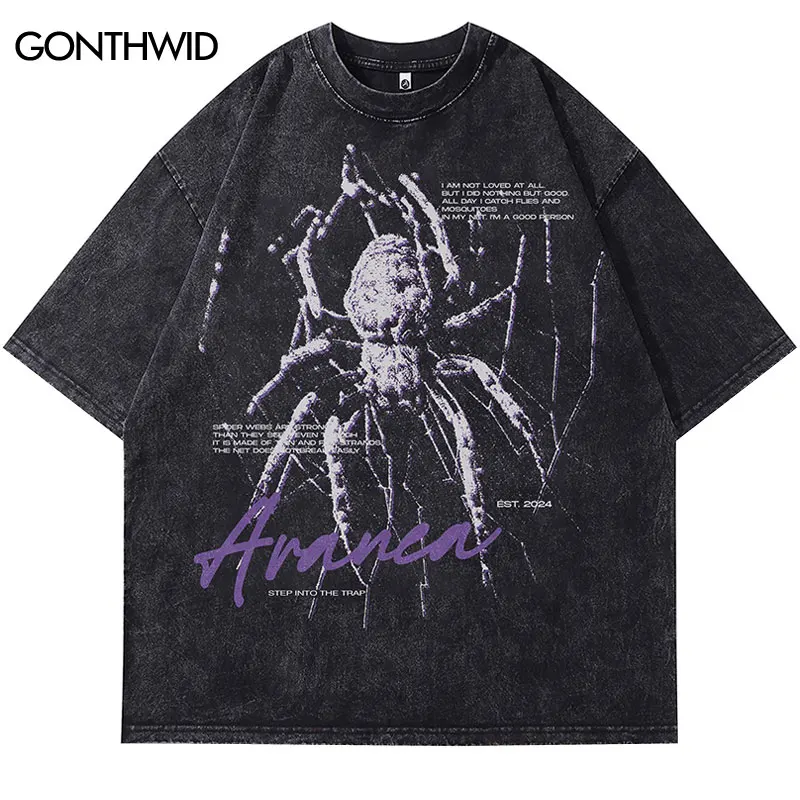 

Men Vintage Tshirt Spider Letter Print Punk Gothic Washed T-Shirt Streetwear Hip Hop Harajuku Loose 2024 Summer Black Tee Tops