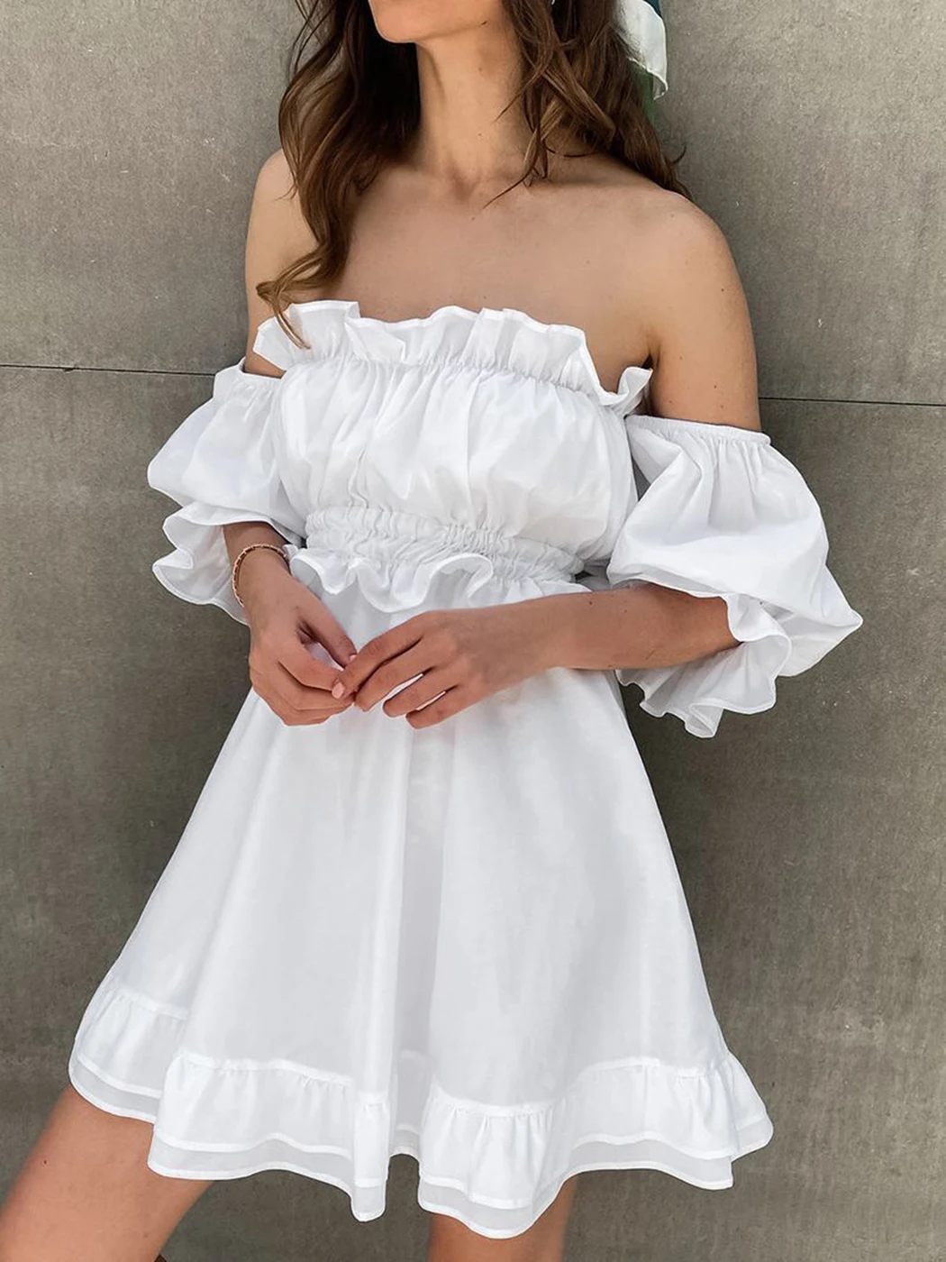 Fashion One-line Collar Ruffle Women Summer Dress White A-line Solid Color Casual Girly Puff Sleeve Short Dresses 2023 Vestido
Fashion One-line Collar Ruffle Women Summer Dress White A-line Solid Color Casual Girly Puff Sleeve Short Dresses 2023 Vestido