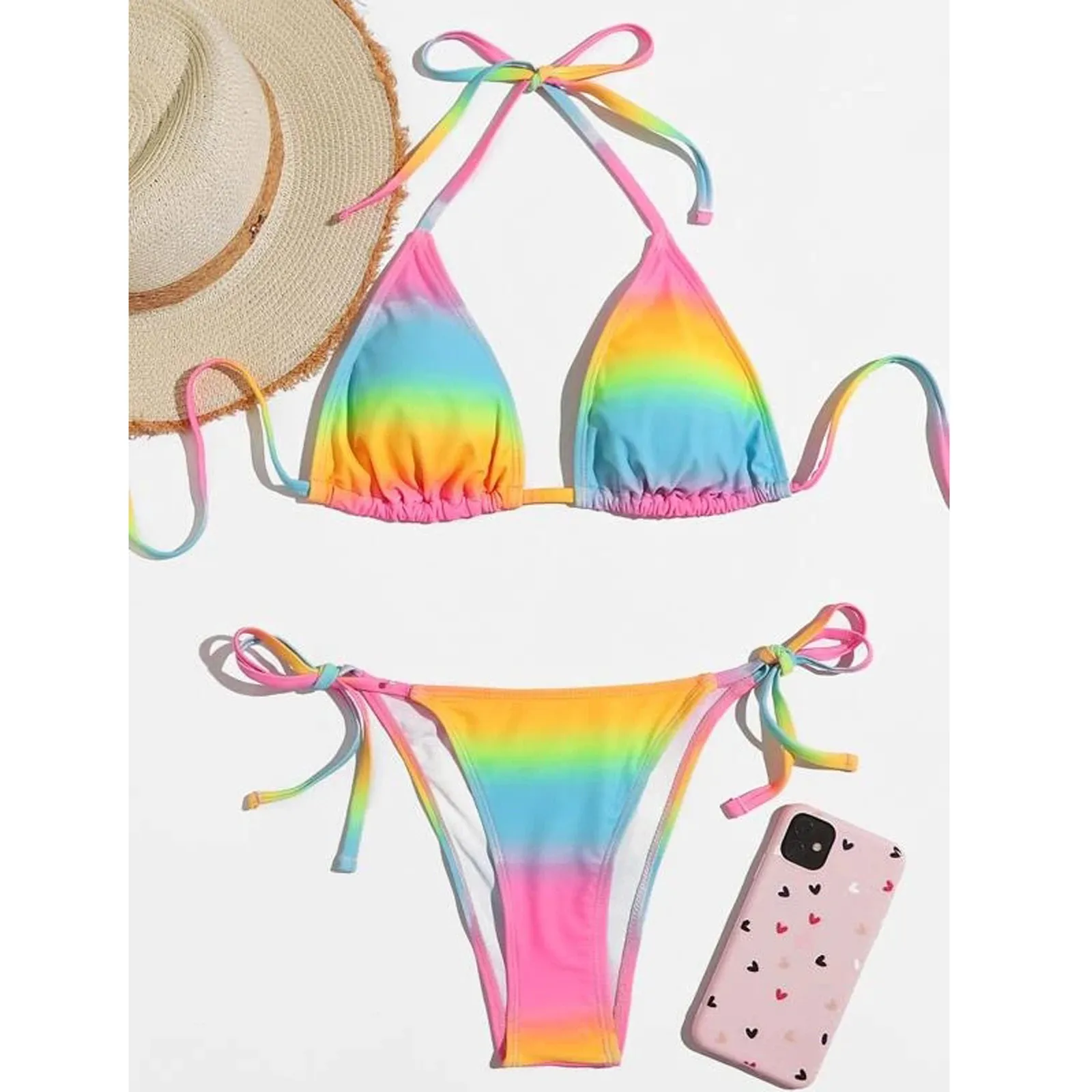 

Women Swimsuits Rainbow Color Two Picces Set Tie-Dye Sexy Lace Print Leg Biquinis Beach Swimwear Bikinis Tankini Summer