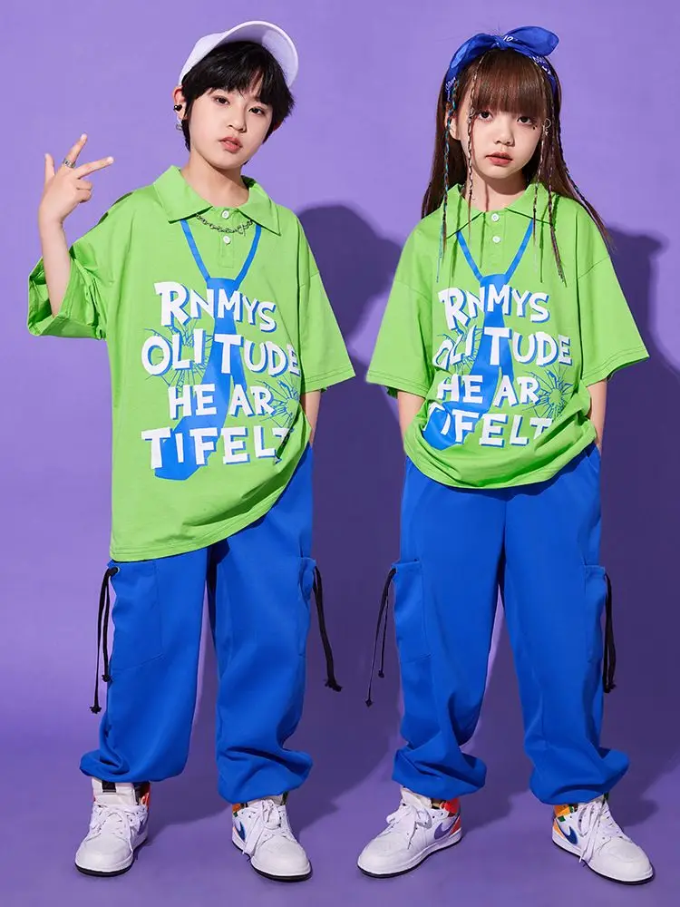 

Костюм для танцев в стиле хип-хоп, пурпурная рубашка, пальто, зеленые брюки-карго, одежда для джазовых представлений для девочек и мальчиков, модная детская одежда, 2024
