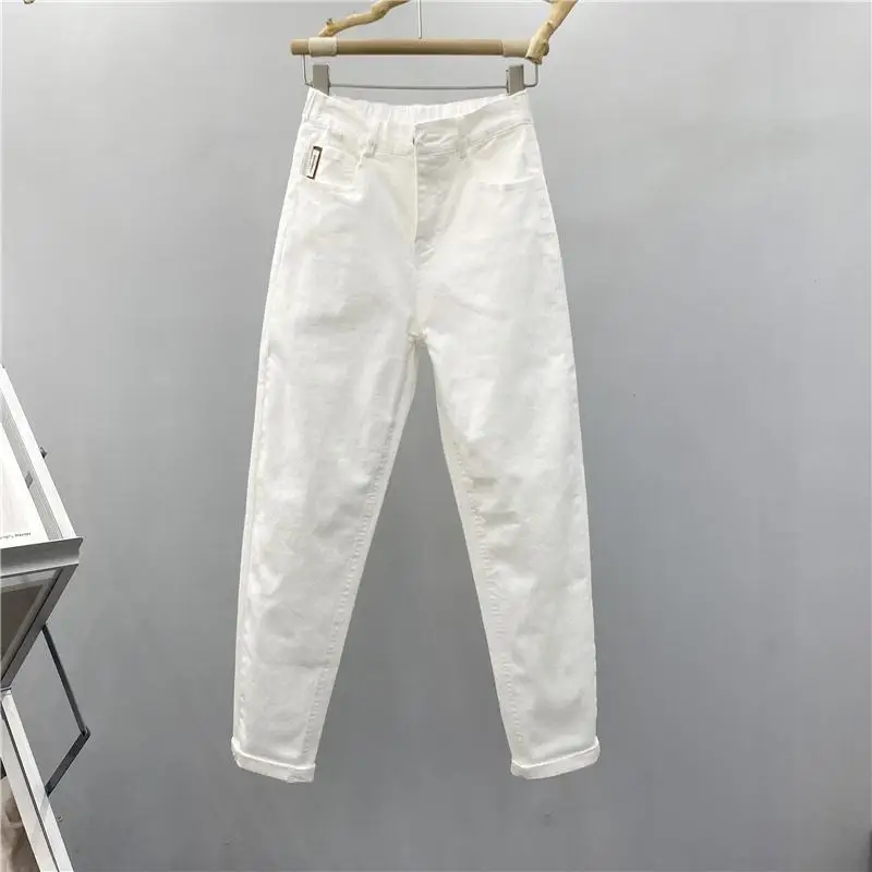 

Simple and Casual Versatile New Summer Solid Color Women's High Waisted Elastic Fashion Loose Pocket Denim Cropped Harlan Pants