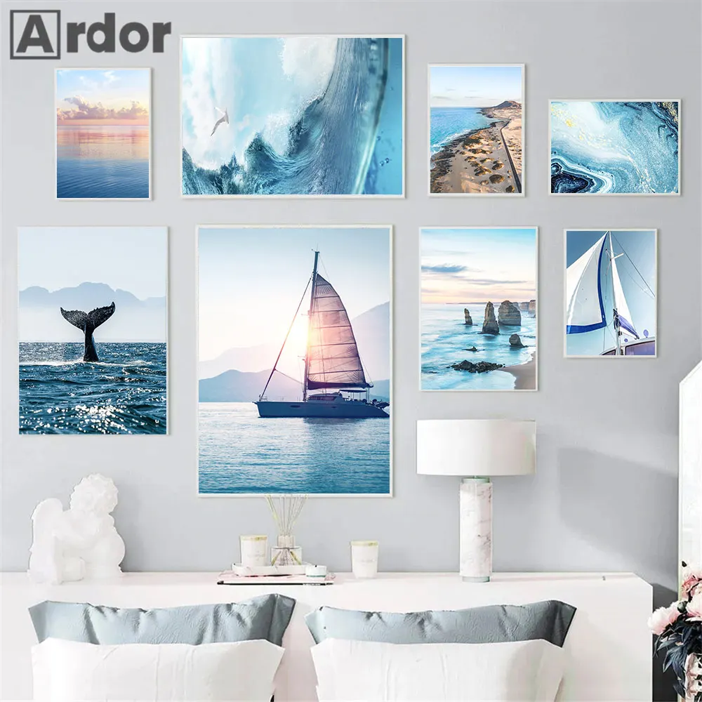 

Sunrise Blue Sea Landscape Posters Canvas Painting Whale Print Pictures Sailboat Wall Art Poster Nordic Prints Living Room Decor