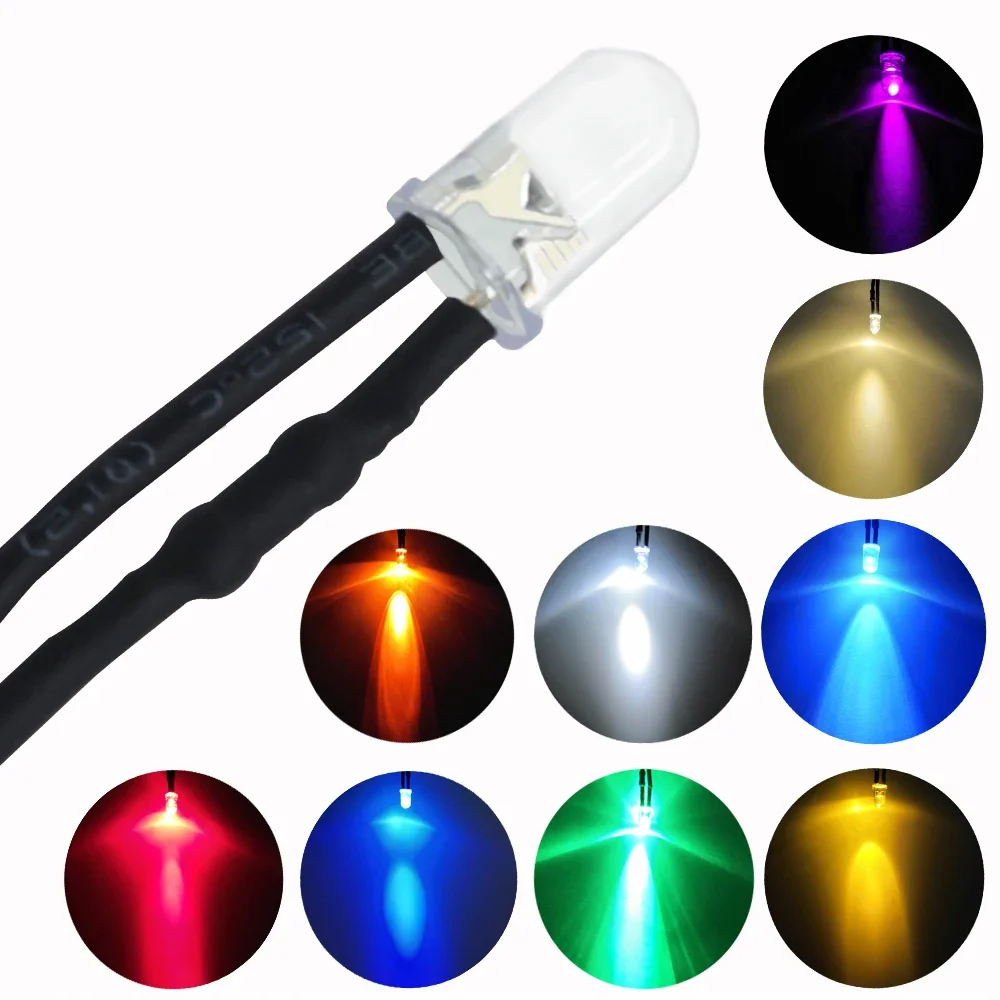 

5X F5 5mm Round 20cm Pre Wired DC 12V LED Lamp Light Bulb White Red Blue Green Yellow Warm Diode Emitting Diodes