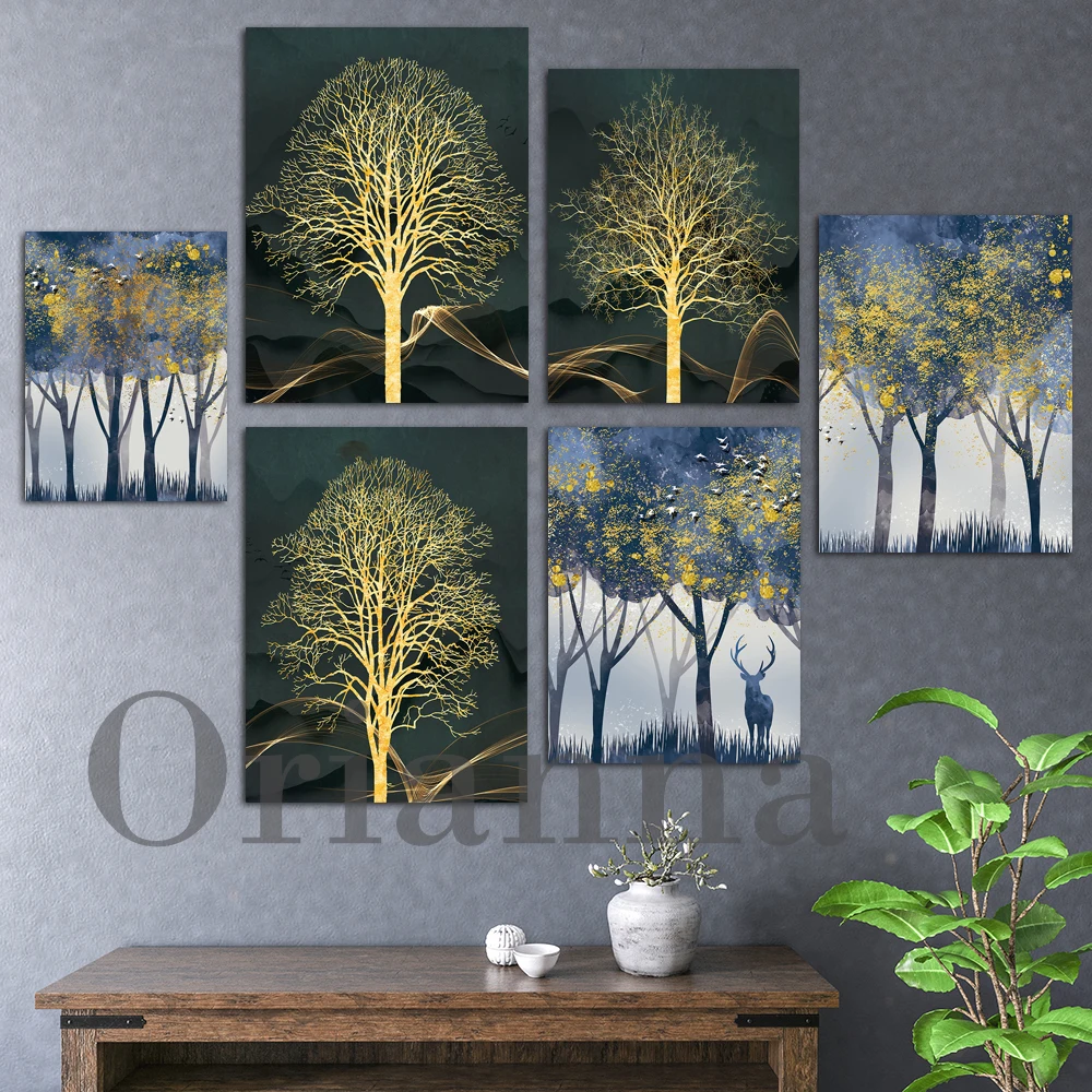 

Abstract Modern Art Wood Forest Print Golden Tree Color Wave Poster Landscape Forest Moose Print Living Room Cuadros Home Decor