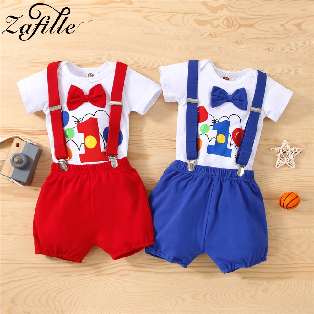 

ZAFILLE First Birthday Baby Costume Bowtie Bodysuit+Solid Overalls Gentleman Men's Baby Clothes Set Summer Kids Boys Clothing