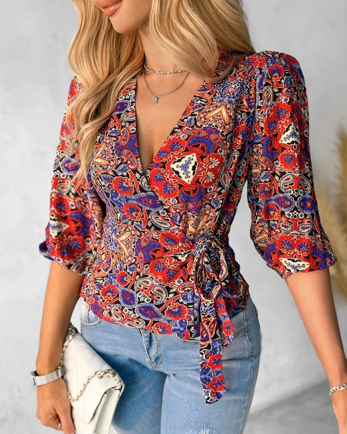 

Women's Sexy Blouses Paisley Print Overlap V-Neck Top 2024 Spring/summer Latest Half Sleeve Tied Detail Vacation Tight T-Shirt