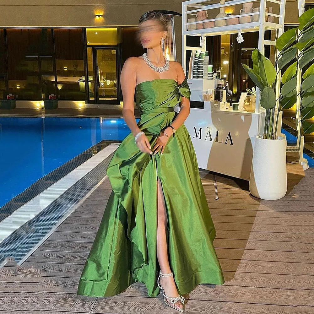 

Msikoods Green Taffeta A-Line Formal Prom Dresses Side Slit One Shoulder Pleated Evening Dress Arabia Dubai Pageant Formal Party