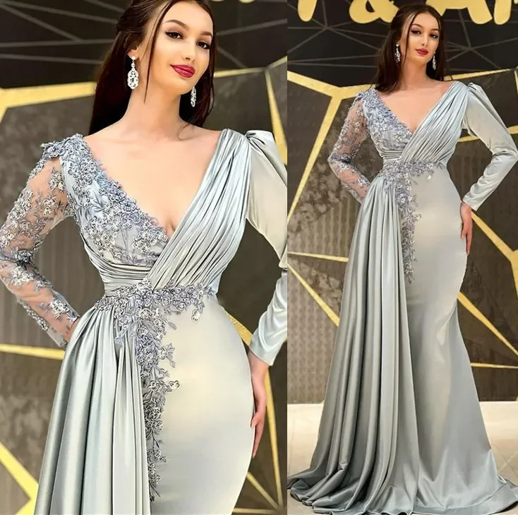 

Flavinke Plus Size Arabic Aso Ebi Silver Mermaid Prom Dresses 2024 Lace Beaded Satin Evening Formal Party Bridesmaid Gowns Dress