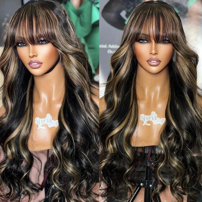 

Super Long Glueless Fringe 100% Human Hair Wigs for Black Women with Bangs Balayage Highlight Blonde Wavy Full Machine Made Wigs