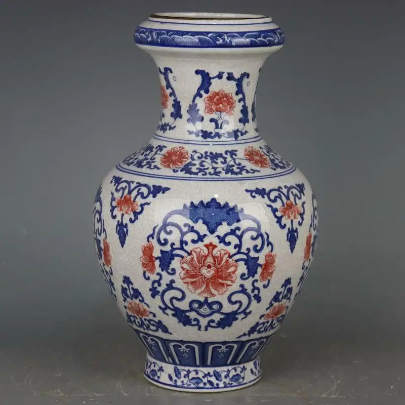 

Chinese Qing Qianlong Blue and White Porcelain Red Glaze Lotus Design Vase 13.4"