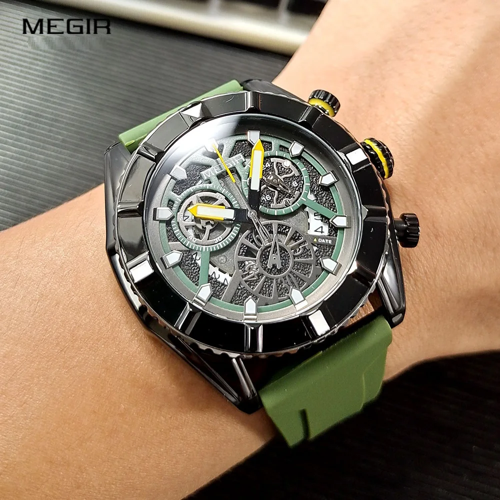 

Megir Clock Male Mens WristWatch Top Brand Luxury Green Dial Quartz Sport Chronograph Luminous Waterproof New Relogio Masculino