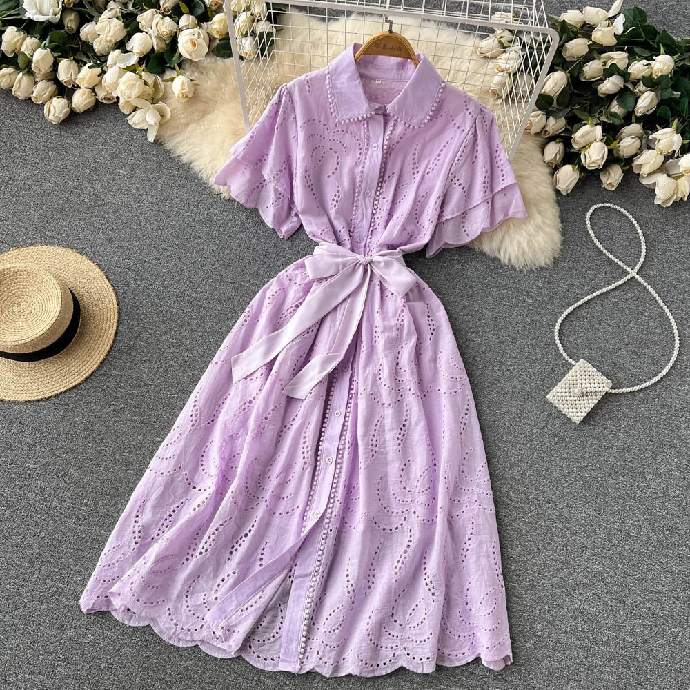 Vintage Foamlina Women Hollow Out Embroidery Dress Solid Turn down Collar Short Sleeve Summer Dress Buttons A-line Female Dress
Vintage Foamlina Women Hollow Out Embroidery Dress Solid Turn down Collar Short Sleeve Summer Dress Buttons A-line Female Dress