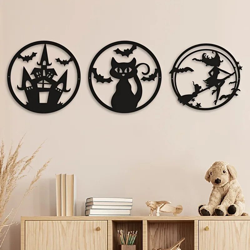 

Metal Home Decoration Halloween Witch Cat Bat Castle Pattern Frameless Pendant Creative Iron Art Metal Wall Hanging Decoration