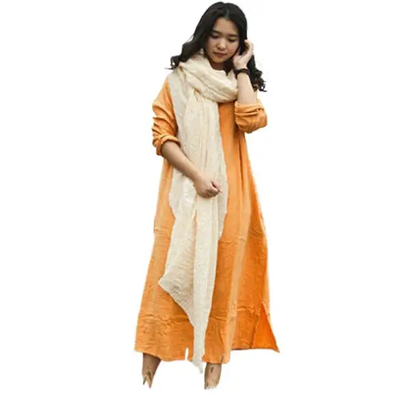 Женское хлопковое льняное платье с длинным рукавом, удобное свободное повседневное винтажное платье, платье, весна-осень 2024