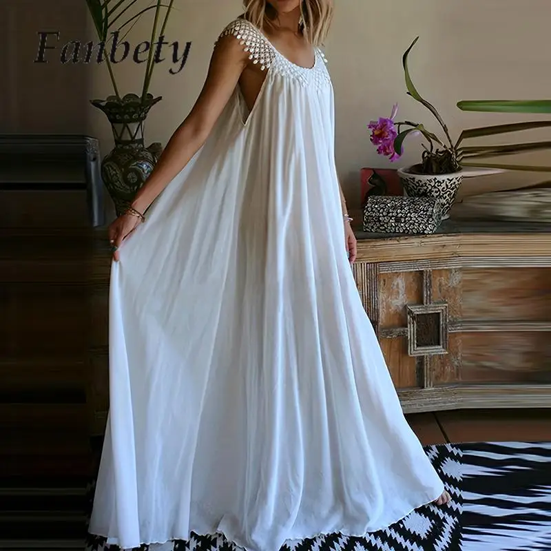

Lady Chic Elegant Whit Lace Jacquard Dresses Elegant Sleeveless O-Neck Big Hem Maxi Dress Summer Women Pleat Vocation Bohe Dress
