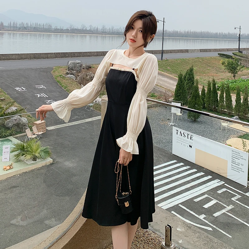 

Spring and Summer Female Dress Suits Long Flare Sleeve Shawl+Strap Dress Twinset Office Lady Elegant Dresses Suits Black Yellow