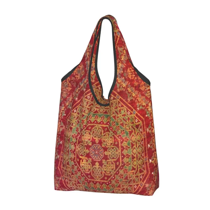 

Funny Bohemian Medallion Accent Rug Pattern Shopping Tote Bags Portable Persian Tribal Ethnic Art Grocery Shopper Shoulder Bag