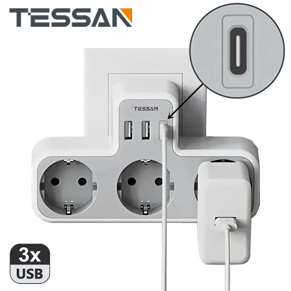 

TESSAN Multiple Wall Socket Extender with 3 AC Outlets & 3 USB Ports EU KR Plug Power Strip Adapter Overload Protection for Home