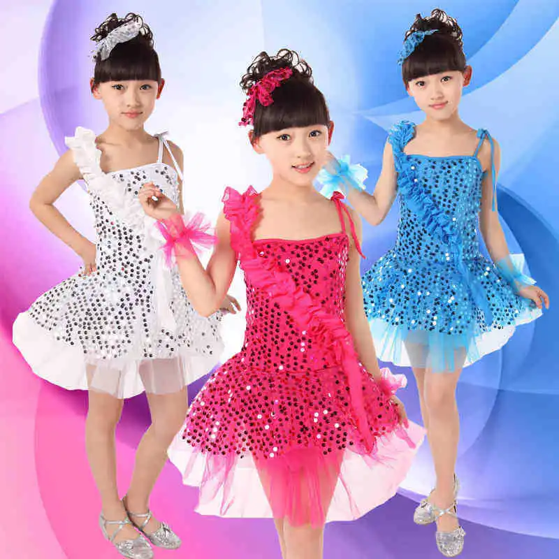 

Новый детский костюм для выступлений сценический костюм для современных латинских танцев детское танцевальное платье с блестками газовое платье