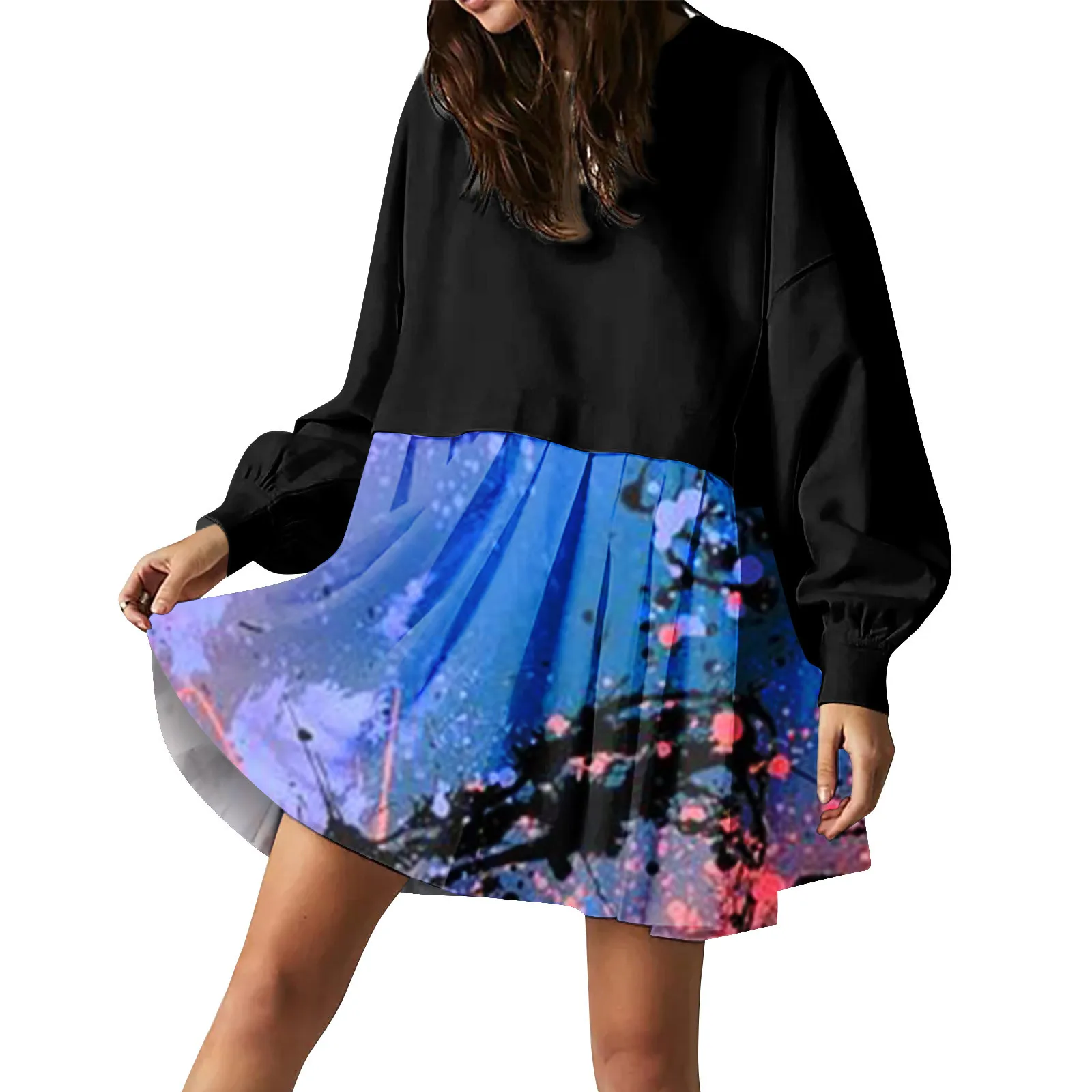 

Y2k Clothes Womens Oversized Sweatshirt Dress Long Sleeve Crewneck Floral Pullover Relaxed Fit Sweatshirts Mini Tunic Dress