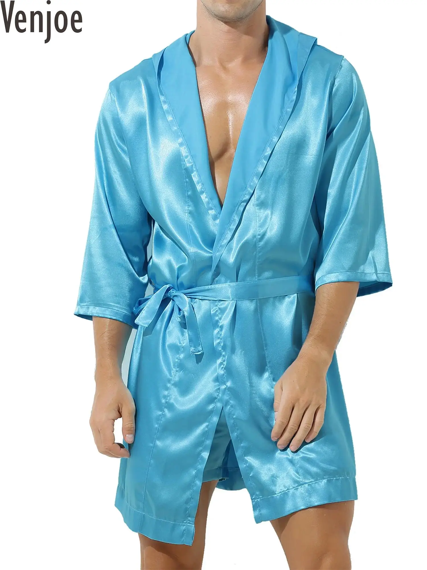

Mens Open Front Hooded Night-robe Sleepwear Silk Satin Belted Kimono Half Sleeve Bathrobe Pajama Set Nightwear Loungewear