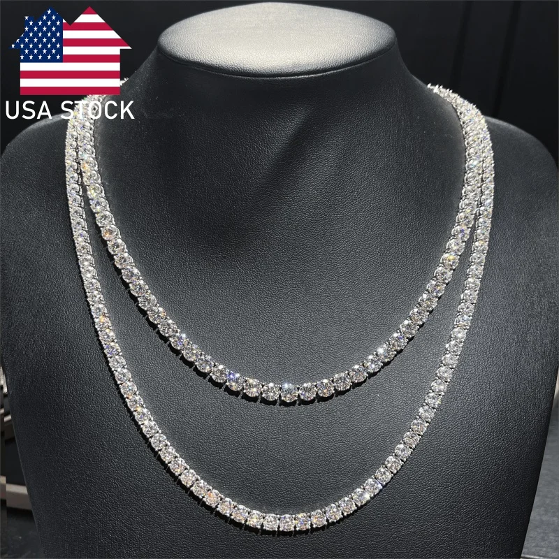 

In Stock Hip Hop Women 3mm 4mm 5mm 925 Sterling Silver VVS Moissanite Tennis Chain Fine Jewelry Iced Out Diamond Tennis Necklace