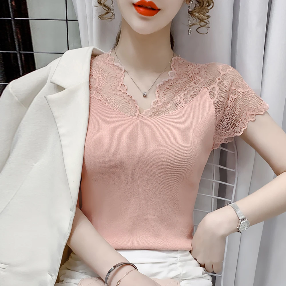 

Floral Lace Panel Elastic T shirt Women Lace Sleeve Vest Cheaper Blouse Fashion Ladies Blouses Tops Pink Female Tees A RAN A YUE