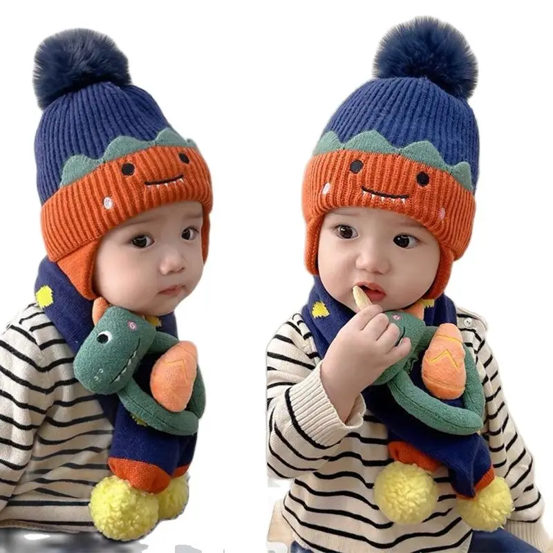 

Doitbest Winter Boys Girls Warm Beanies Child Scarf Hat Set Fur Ball Cartoon Dinosaur Baby Kids knit Woolen Scarves Hats