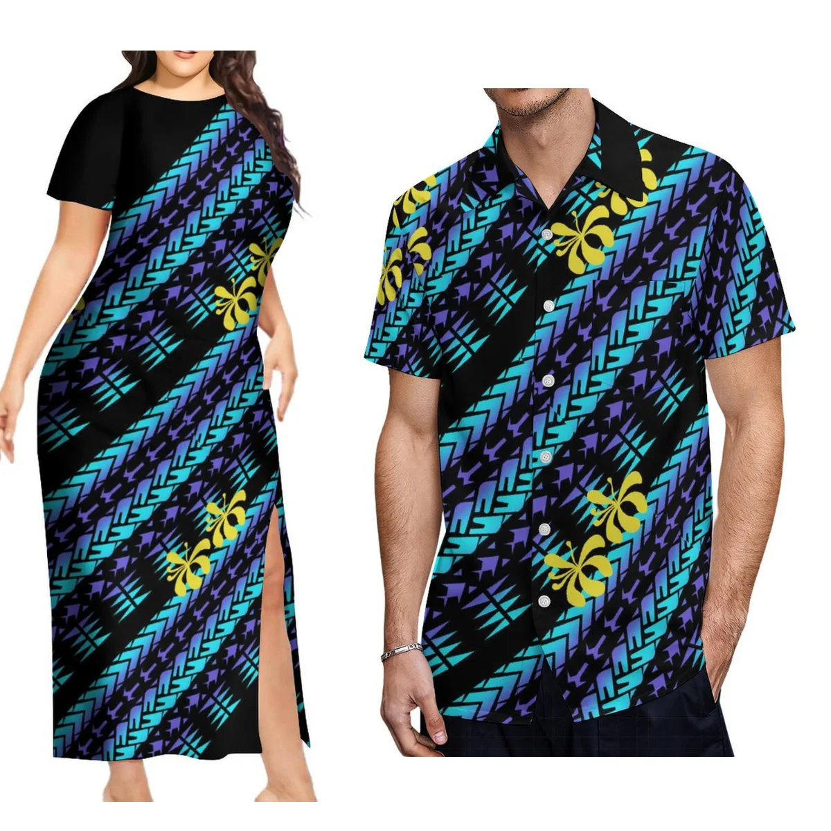 

Высококачественное летнее женское платье с коротким рукавом, длинное платье с разрезом, полинезийский Племенной Дизайн, гавайская Мужская рубашка, комплект для пар