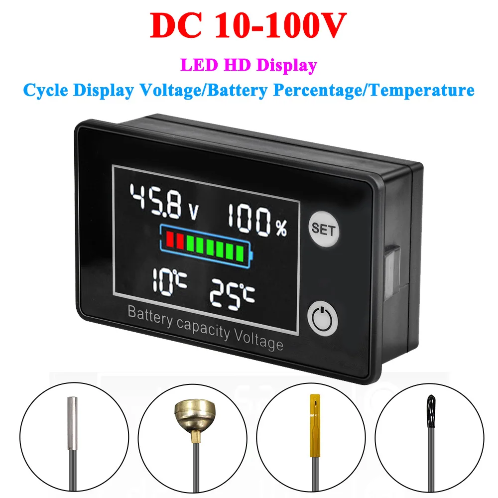 

DC 10V-100V Digital Battery Voltmeter Volt Temp Battery Monitor Lead-acid Lithium Battery Capacity Indicator 12V 24V 48V 72V 84V