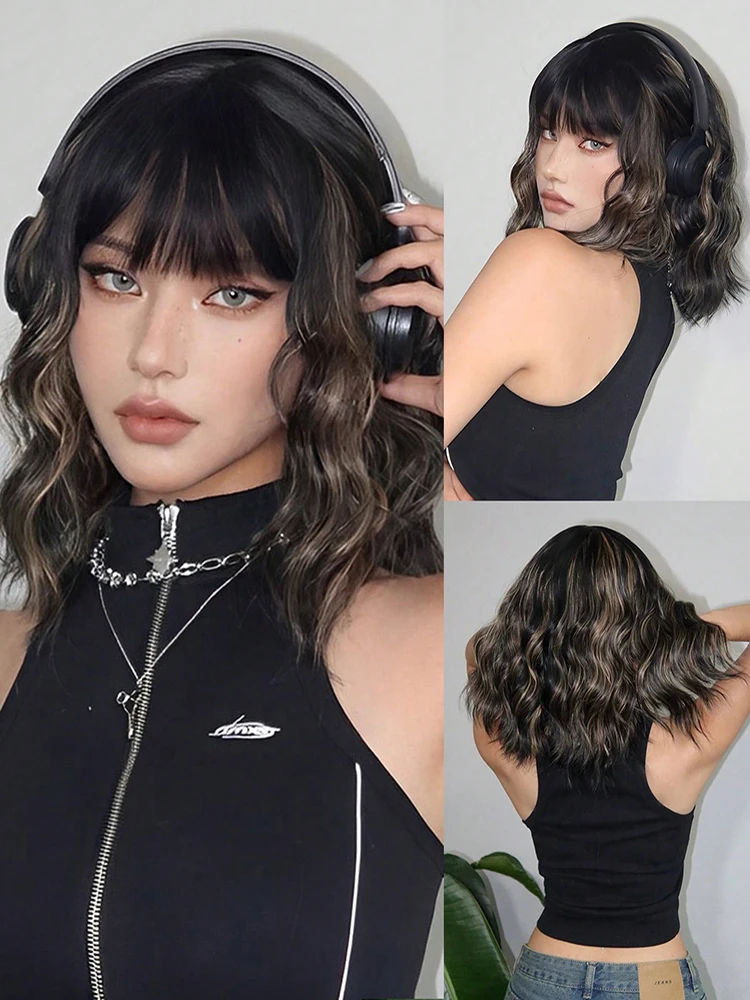 

Short Wavy Black Golden Highlight Wigs Cosplay Lolita Bob Hair for Women Afro Curly Fluffy Wave Synthetic Wig with Bangs Natural