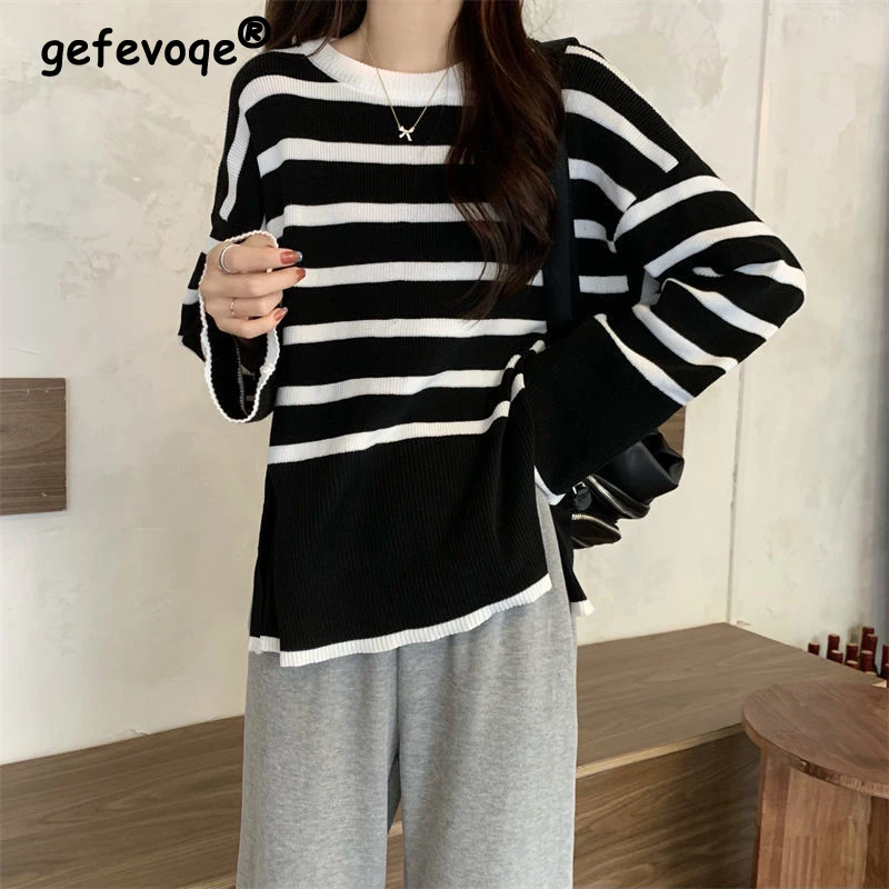 

Women Jumper Sweater 2022 Autumn Winter Fashion Stripe Loose O-Neck Knitting Sweaters Vintage Long Sleeve Female Pullover Tops