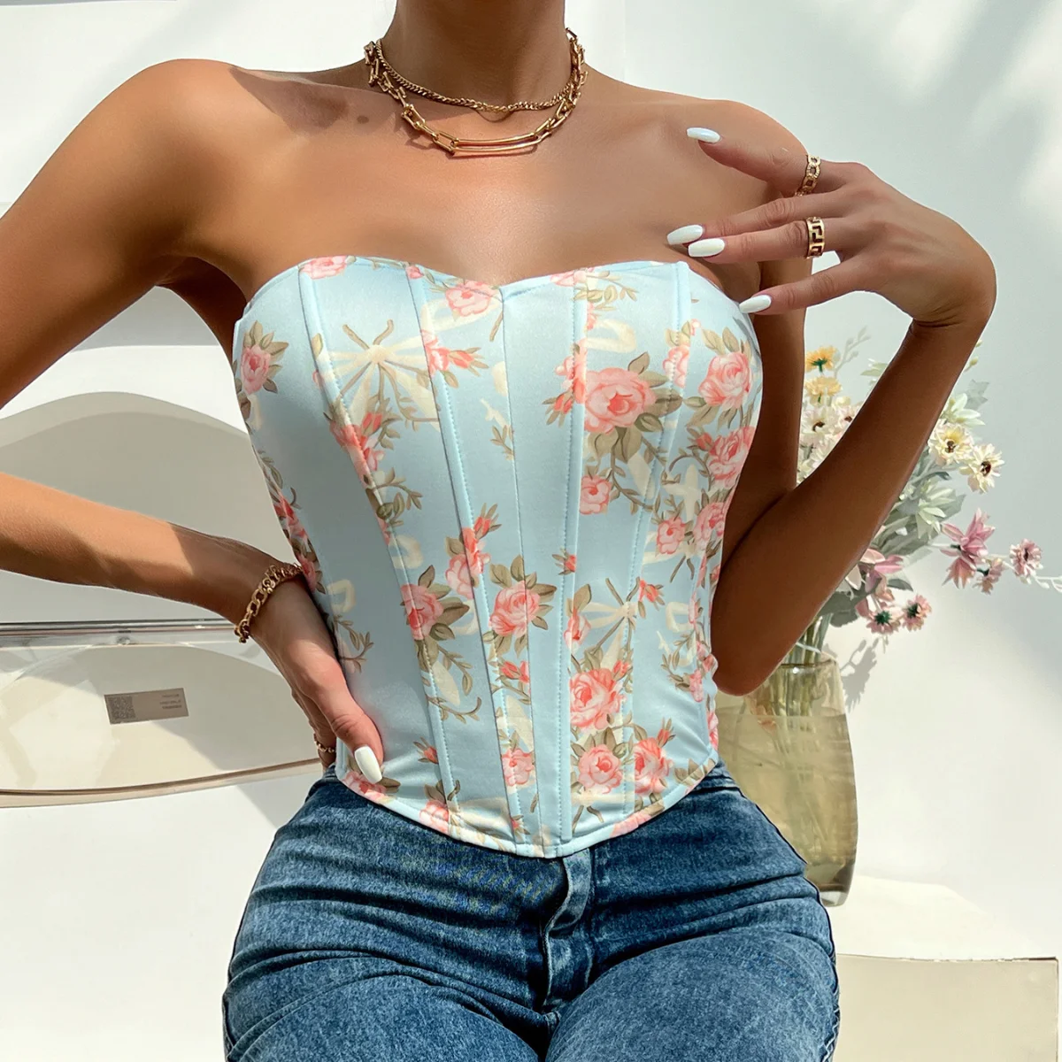 

Summer Sleeveless Corset Tops for Women Floral Tank Tube Cropped Top Sexy Strapless Lingerie Bustier Vest Skinny Tunic Camisole