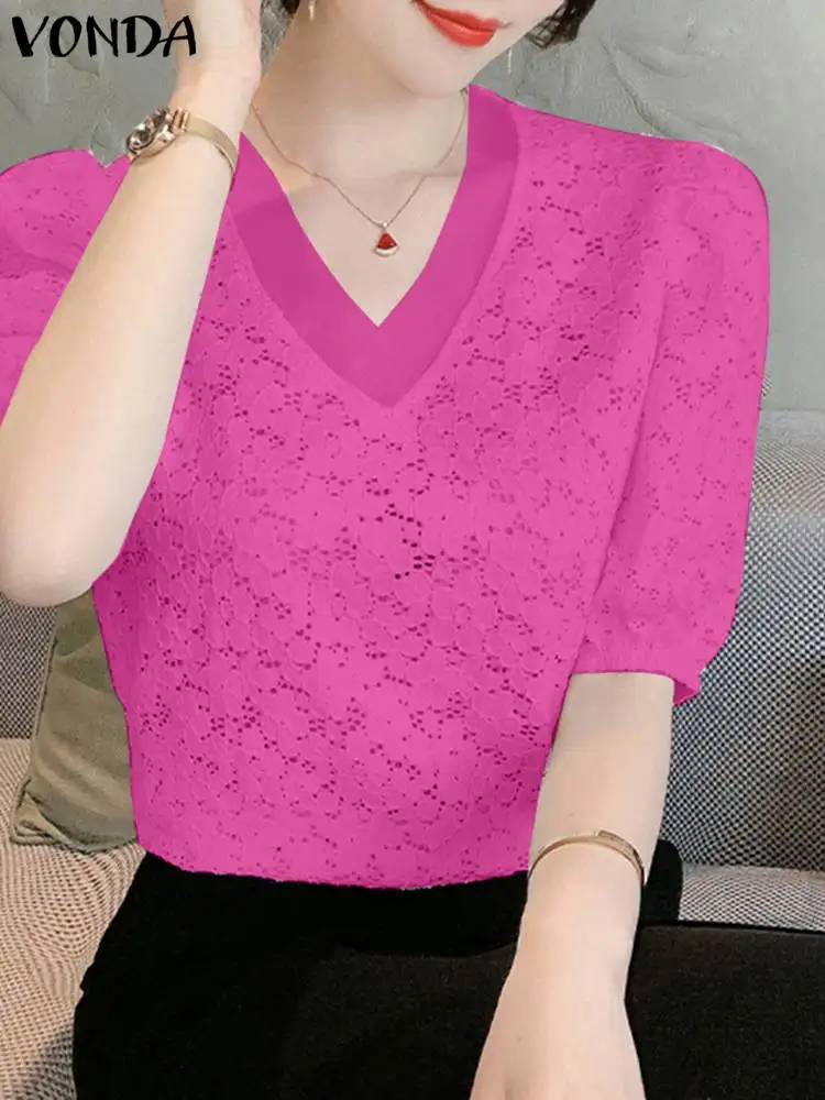 Fashion Short Puff Sleeve Solid Color Shirts VONDA Women Summer Elegant V-Neck Blouses 2023 Casual Lace Tops Loose Blusas
Fashion Short Puff Sleeve Solid Color Shirts VONDA Women Summer Elegant V-Neck Blouses 2023 Casual Lace Tops Loose Blusas