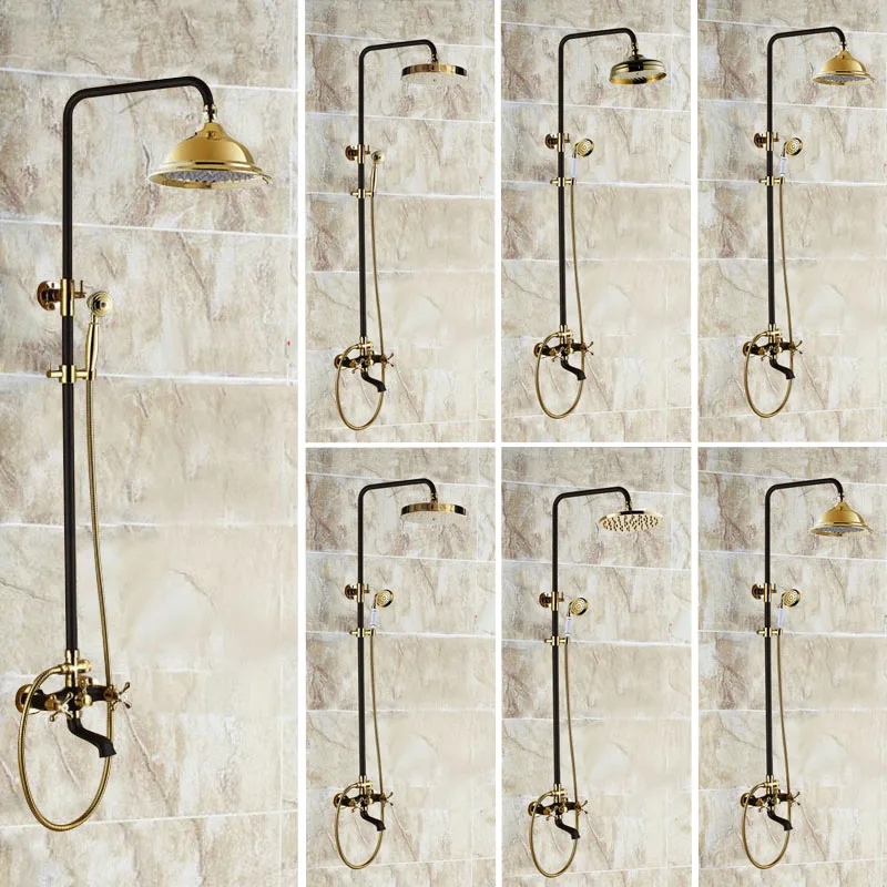 

Gold & Black Oil Rubbed Brass Wall Mounted Bathroom Dual Handles 8" Inch Rain Shower Head Faucet Set Bath Tub Mixer Tap azh408