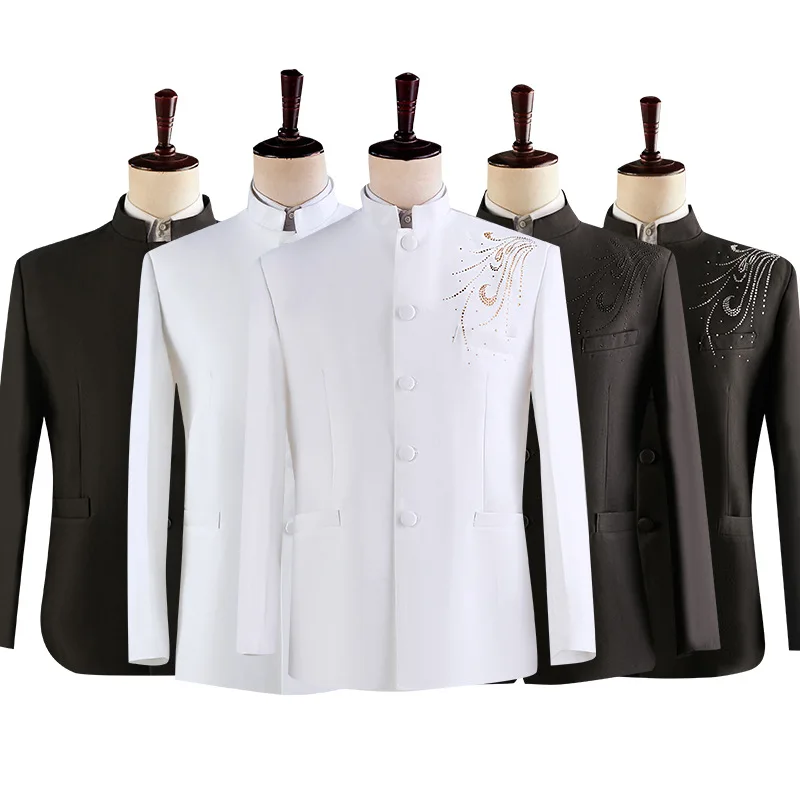 2 Pieces Jacket Pants Set Fashion Chinese Style Diamond Trim Stand Collar Men's Chic Suits Black White Single Breasted Male Sets
2 Pieces Jacket Pants Set Fashion Chinese Style Diamond Trim Stand Collar Men's Chic Suits Black White Single Breasted Male Sets